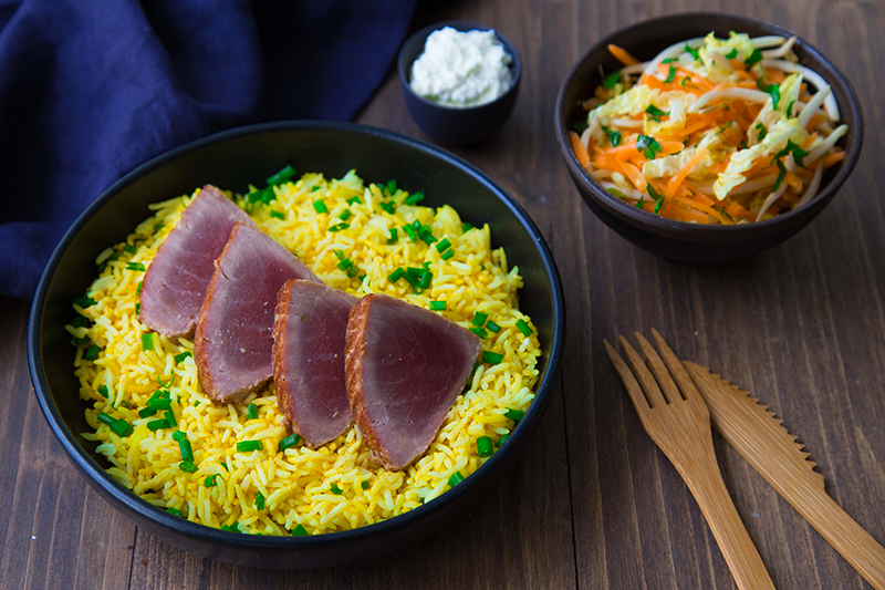 Thon aller-retour, riz et salade japonaise