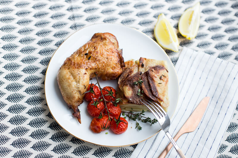 Poulet roti patates tomates