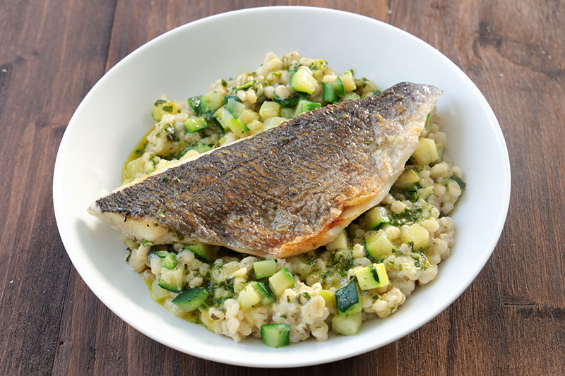 Dorade risotto orge courgettes