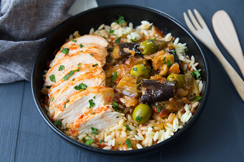 Poulet caponata aubergines pates riz