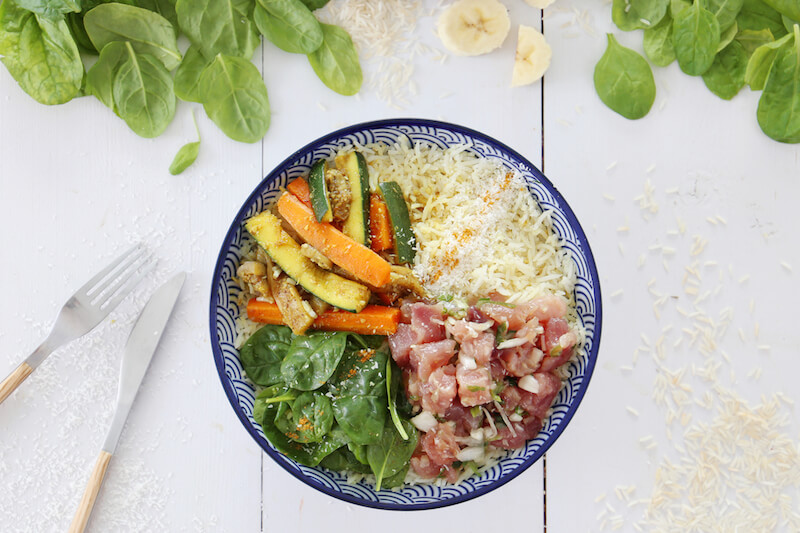 Salade de riz façon colombo et tartare de thon
